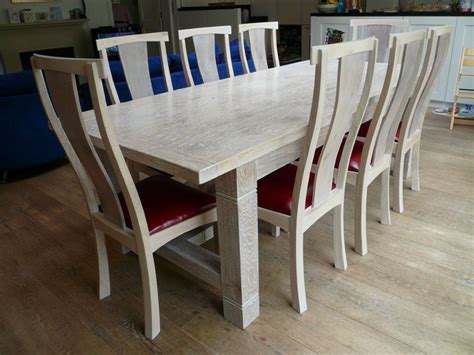 Lime Washed Handmade Oak Refectory Dining Table With Matching Chairs