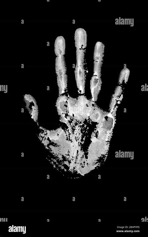 White Watercolor Print Of Human Hand On Black Background Isolated Close