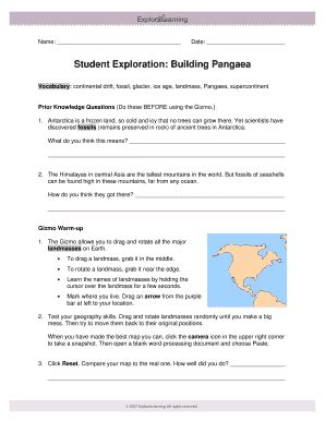 Continental drift, fossil, glacier, ice age, landmass, pangaea, supercontinent prior knowledge questions (do these before using the gizmo.) Student Exploration Building Pangaea Gizmo Answer Key Pdf - Fill Online, Printable, Fillable ...