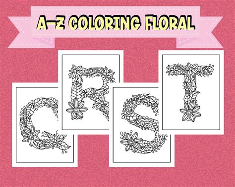 Floral Alphabet Coloring Book Pages For Adult Or Teen 26 Etsy