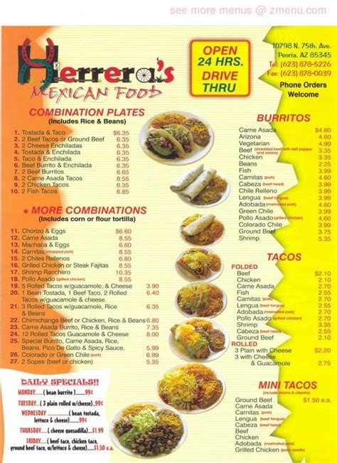 For the most accurate information, please contact the restaurant directly before visiting or ordering. Online Menu of Herreras Mexican Food Restaurant, Peoria ...