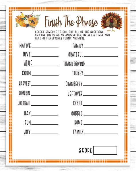 Thanksgiving Finish The Phrase Word Game Printable Or Virtual Turkey