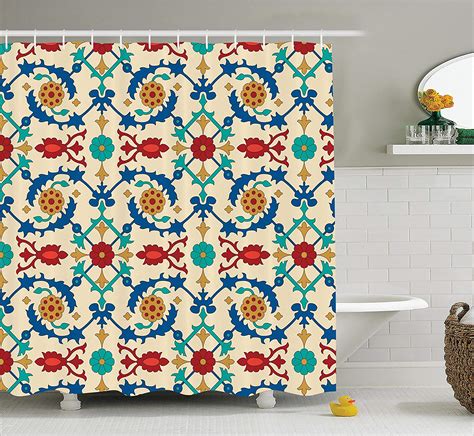 Moroccan Shower Curtain Nostalgic Eastern Art Motifs With Floral