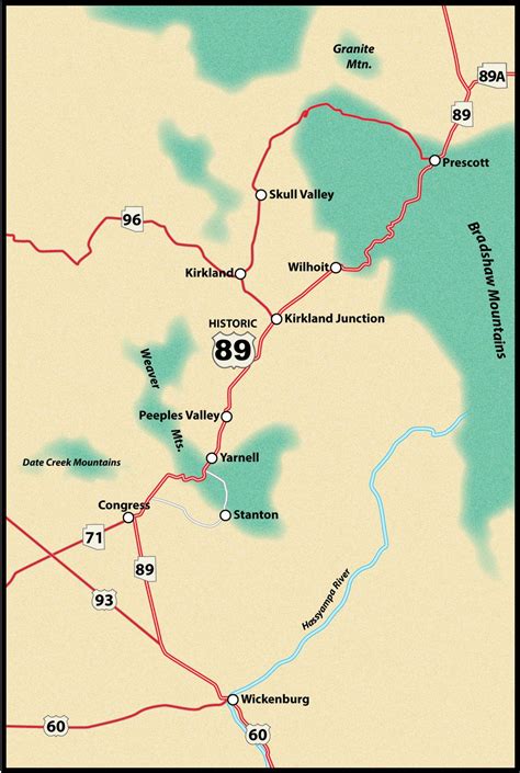 Historic Us Route 89 Wickenburg To Prescott Road Trip Guide Map
