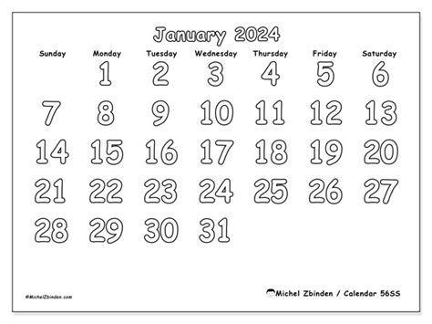 Calendar January 2024 56ss Michel Zbinden Sg