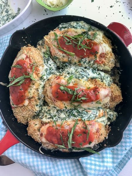 Instructions combine the softened cream cheese, sour cream, garlic, salt, pepper, and 1/2 cup of the parmesan cheese and mix well. Spinach and Cream Cheese Stuffed Chicken Parmesan | With ...