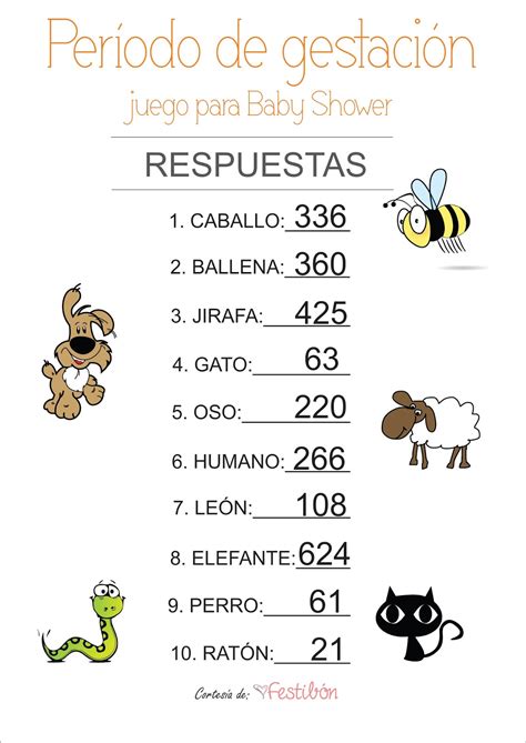 Ten en cuenta que no se puede editar este archivo en programas de diseño ni se puede recomiendo imprimir en papel blanco de 200gr. Período de Gestación de los animales | Juegos de Baby Shower