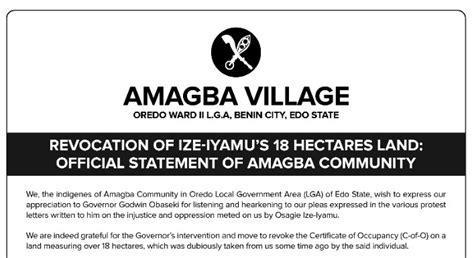 Revocation Of Ize Iyamus 18 Hectares Land Official Statement Of
