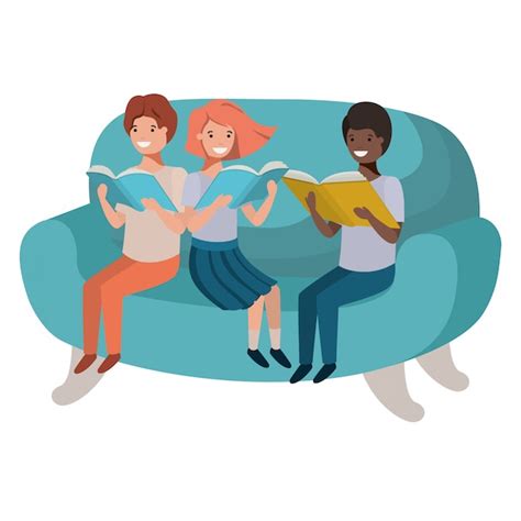 Grupo De Personas Sentadas En El Sofá Con Personaje De Avatar De Libro