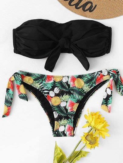 Ruched Bandeau With Random Tropical Tie Side Bikini Bikinis Side Tie