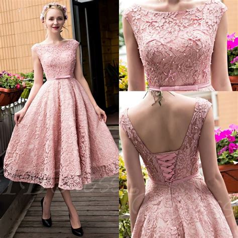Dusty Pink Vintage Lace Tea Length Short Prom Dresses Jewel Neck Cap