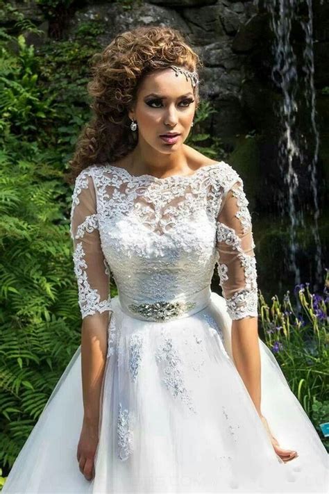Find the dress of your dreams. Bateau Neckline Half Sleeves Lace Wedding Dresses Bridal ...