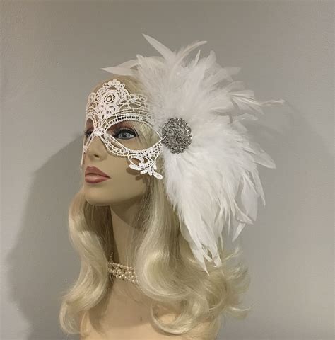 White Lace Masquerade Mask With Feathers Diner En Blanc Masked Ball Women S Lace Mask Wedding