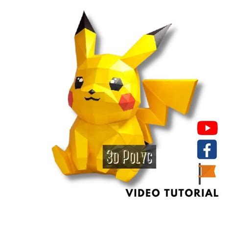 Low Poly Pikachu Sit 3D Papercraft PDF SVG Template For Creating 3D