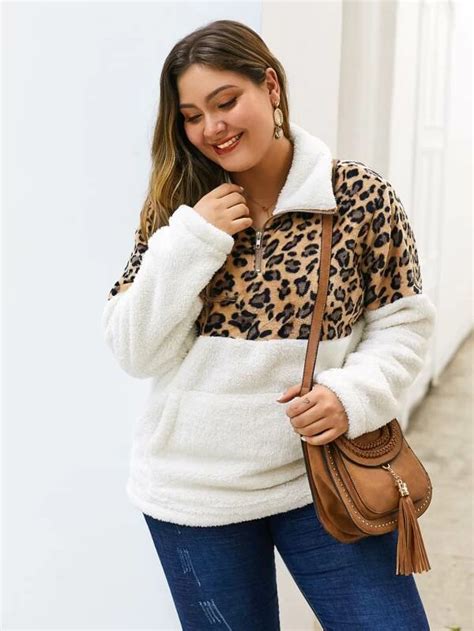 Plus Leopard Colorblock Zip Half Teddy Sweatshirt Shein Usa Women