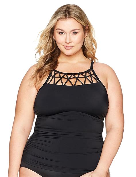 Womens Plus Size Swimwear Lattice Detail Tankini Top With Shirring Black Cf183lgxha8