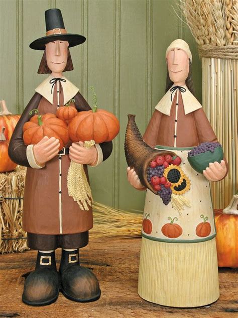 Pilgrim Couple Set Of 2 Harvest Folk Art Figurines And Thanksgiving