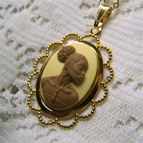 African Lady Gold Cameo Necklace Gold Brass Lace Oval New Etsy