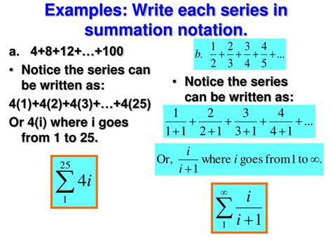 For example, you may wish to sum a series of terms in which the numbers involved exhibit a clear pattern, as follows: PPT - Summation Notation PowerPoint Presentation, free ...