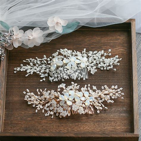 jonnafe gold silver color floral hair comb for bride tiny beaded wedding hair jewelry