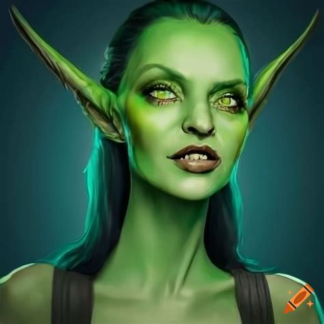50 year old green goblin woman with friendly smile and green eyes