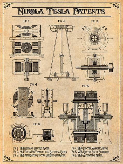 Nikola Tesla Patent Collage Antique Paper Print Drawing By Greg Edwards