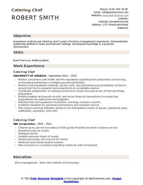 Catering Chef Resume Samples Qwikresume