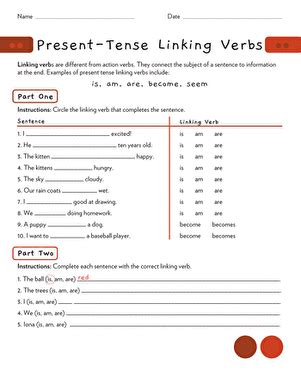 Great Grammar: Present Tense Linking Verbs | Worksheet ...