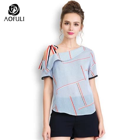 aofuli england striped print blouses 2018 summer stylish skew collar tops short sleeve plus size