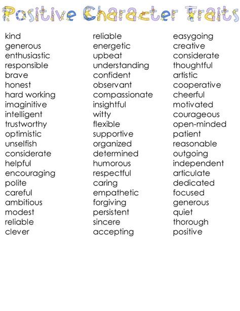 List Of Positive Character Traits For Complimentingappreciating