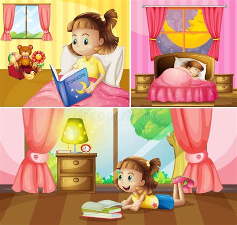 Girl Doing Different Activities At Home Stock Vector Illustration Of