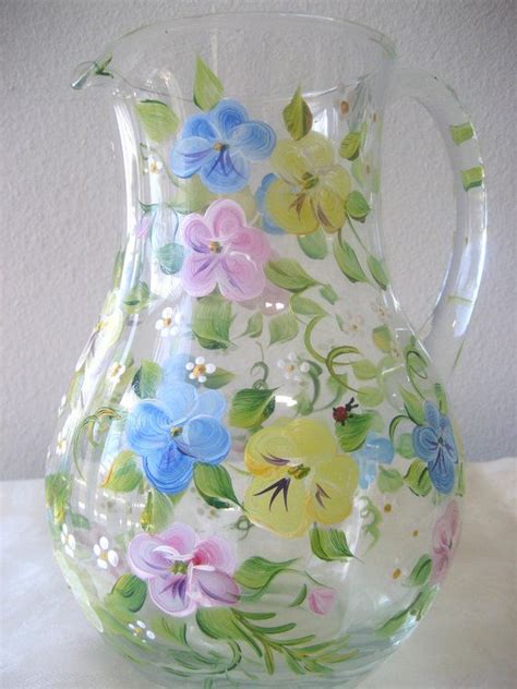 Hand Painted Glass Pitcher With Pansies Mothers Day Wedding Etsy