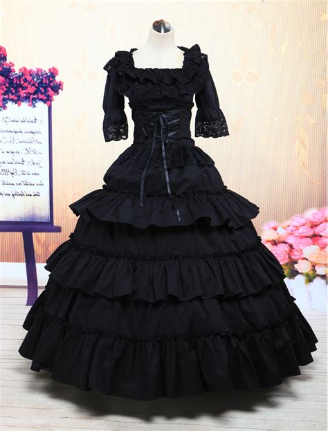 Womens Vintage Costume Victorian Black Cotton Ruffle Tiered Retro Maxi