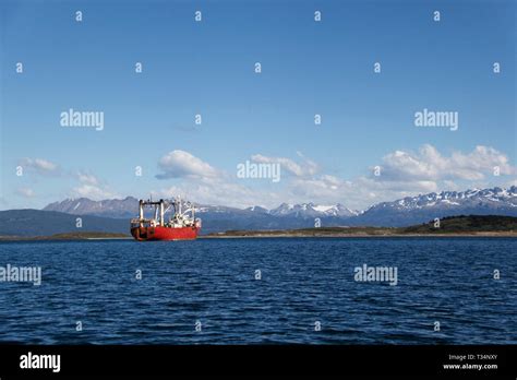 Ship Anchored At Sea Ushuaia Tierra Del Fuego Argentina Stock Photo