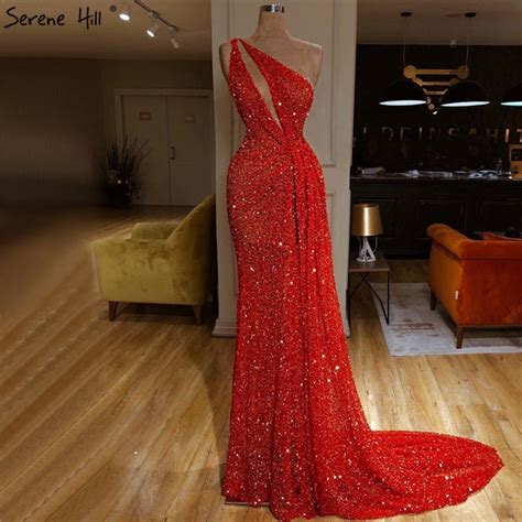 Dubai Red One Shoulder Sexy Evening Dresses 2021 Mermaid Beading Sequins Luxury Formal Dress