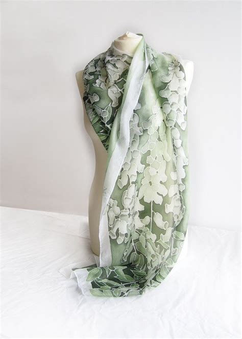 Painted Scarf Foxglove Is A Long Silk Scarves Decorated With Green White Flowers Of