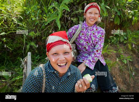 Two Red Dao Woman With Traditional Shaved Eyebrows North Vietnam Stock