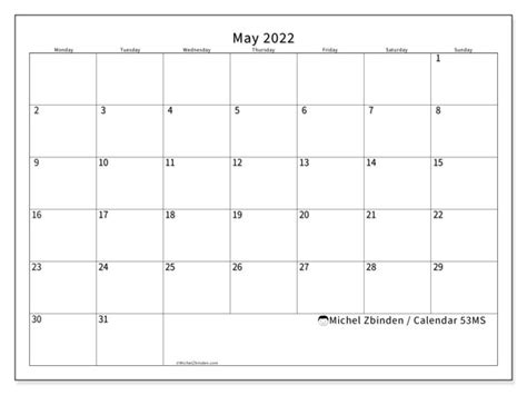 Printable May 2022 50ss Calendar Michel Zbinden En