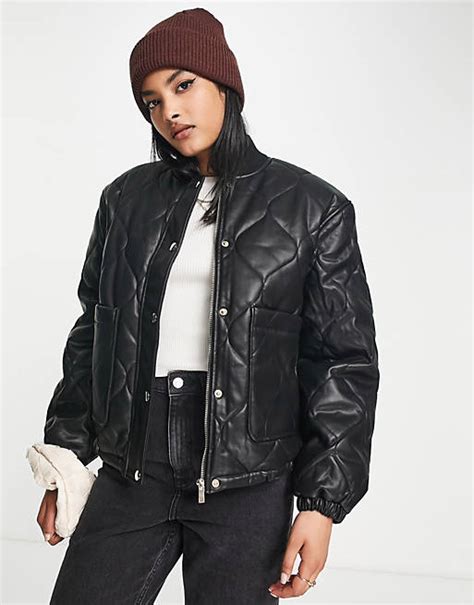 River Island Faux Leather Quilted Padded Jacket In Black Asos