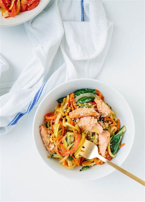 I am lucky my kids love tofu and quinoa! Soy-Ginger Salmon with Teriyaki Zucchini Noodle Stirfry ...
