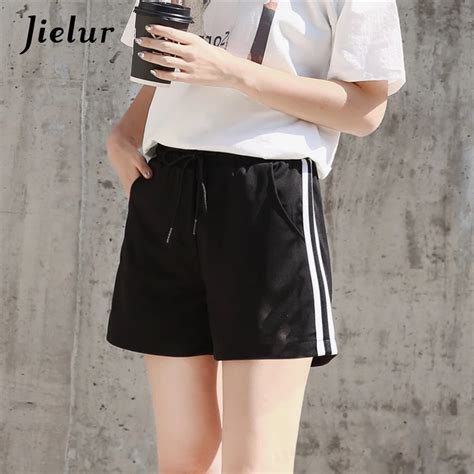 Jielur Summer Street Fashion Side Stripe Black Shorts Women Elastic