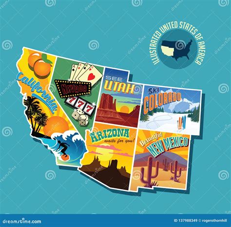 Illustrated Pictorial Map Of Southwest United States Stock Vector