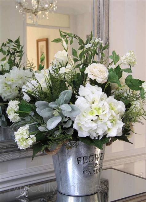 Stunning Large Artificial Silk Flower Arrangement White Hydrangea Metal Bucket Artificial