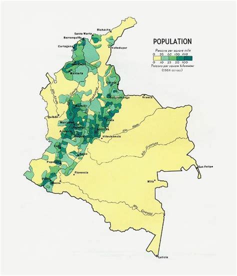 Detallado Mapa De Población De Colombia 1970 Colombia América Del