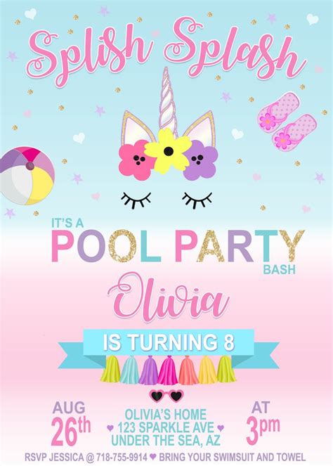 Printable Unicorn Pool Party Invitation Unicorn Party Etsy