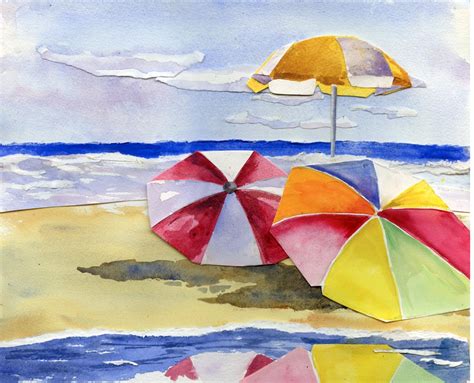 Beach Umbrellas On Shore Original Watercolor Collage