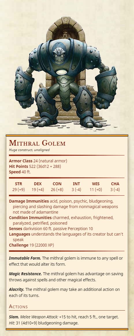 We talked about this previously in creating high level swarms in 5th edition dungeons & dragons. Mithral Golem Huge construct, unaligned Armor Class 24 ...