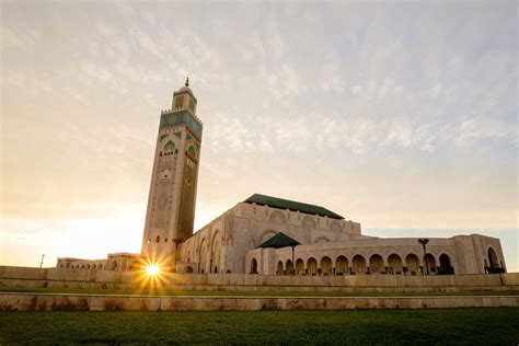 Morocco Casablanca Hassan Ii Mosque At Sunset Sunburst