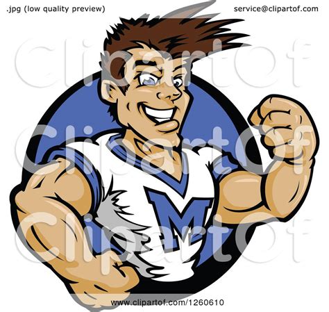 Clipart Of A Buff Male Cheerleader In A Blue Circle Royalty Free