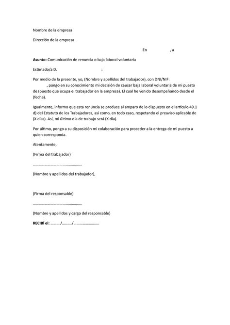 Modelo Carta Renuncia Voluntaria Preaviso Laboral Empleado Patrono